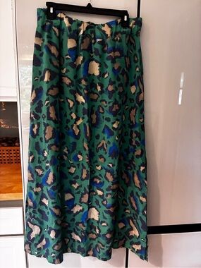Green blue Animal-Print Real Silk Maxi Skirt, Anthropologie Vanessa Viginia L